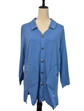 NWT Neon Buddha Ladies First Shirt Tunic Chunky Buttons L Blue Artsy Lagenlook
